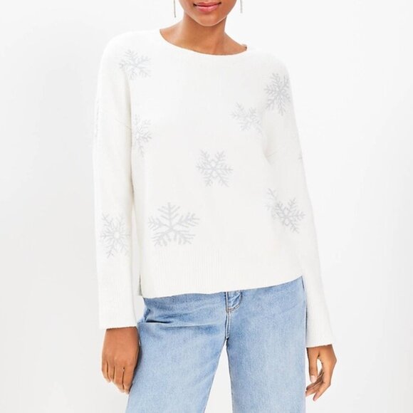 LOFT Snowflake Sweater White Gray Knit Pullover XS - Picture 1 of 6